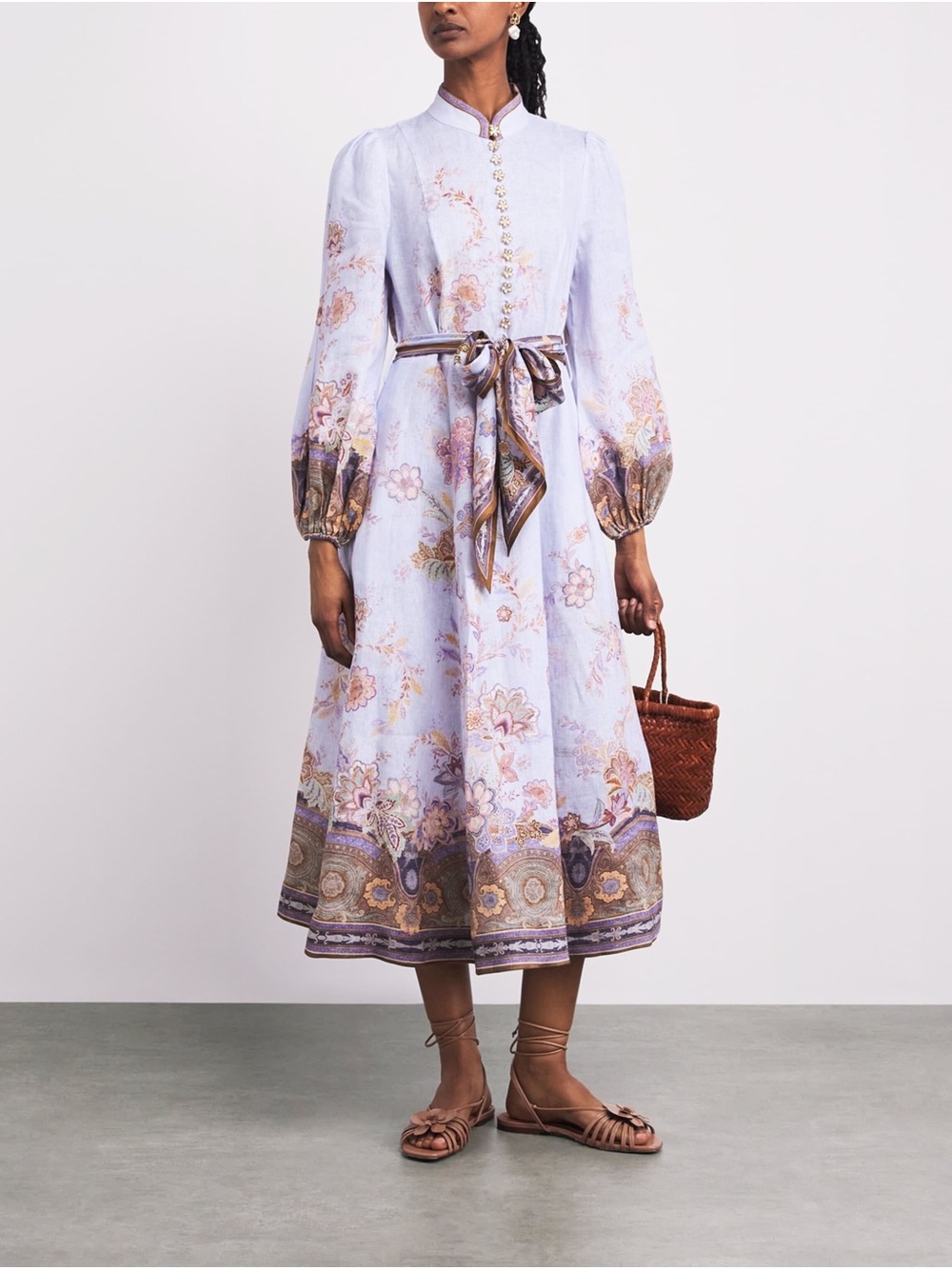 Zimmermann Pale Blue Floral Midi Dress with Printed Sash